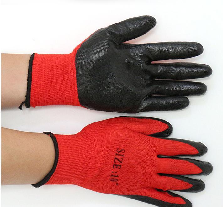Thin 13G Red Polyester/Nylon Black Nitrile Safety Protection Gloves