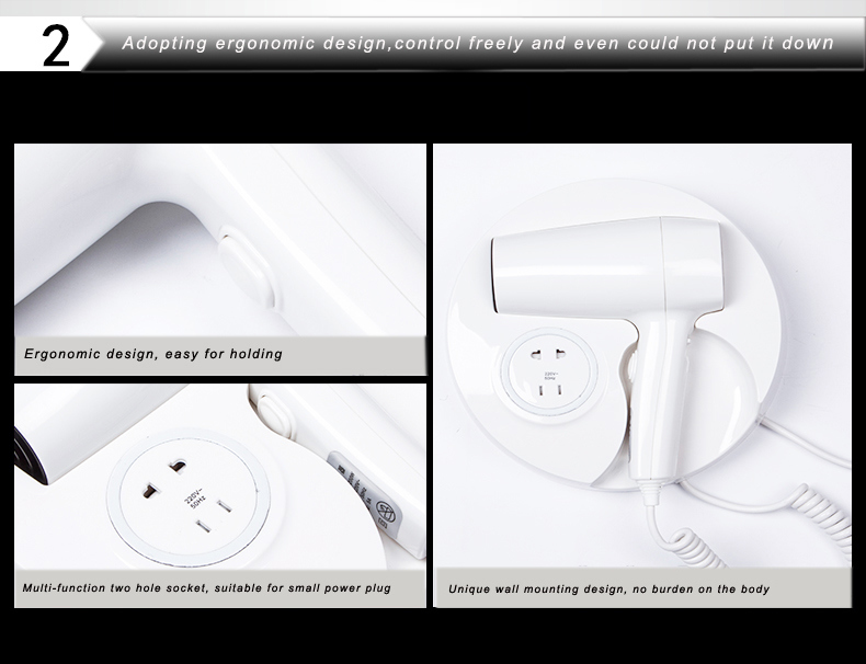 Round Plastic Hotel Wall Mounted Hair Dryer with Shaver Socket