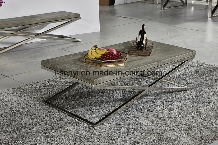 Modern Imitated Wood Top Stainless Steel Coffee Table Living Room Furniture