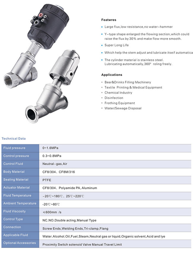 Stainless Steel Pneumatic Angle Seat Valve