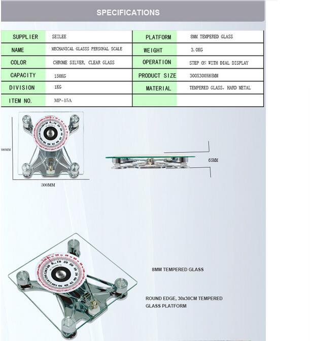 150kg 8mm Square Glass Platform Analogue Boby Health Bathroom Scale