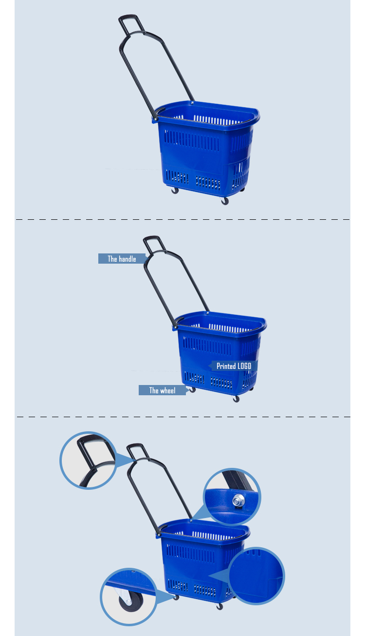 New PP Plastic Four Wheels Supermarket Rolling Shopping Basket