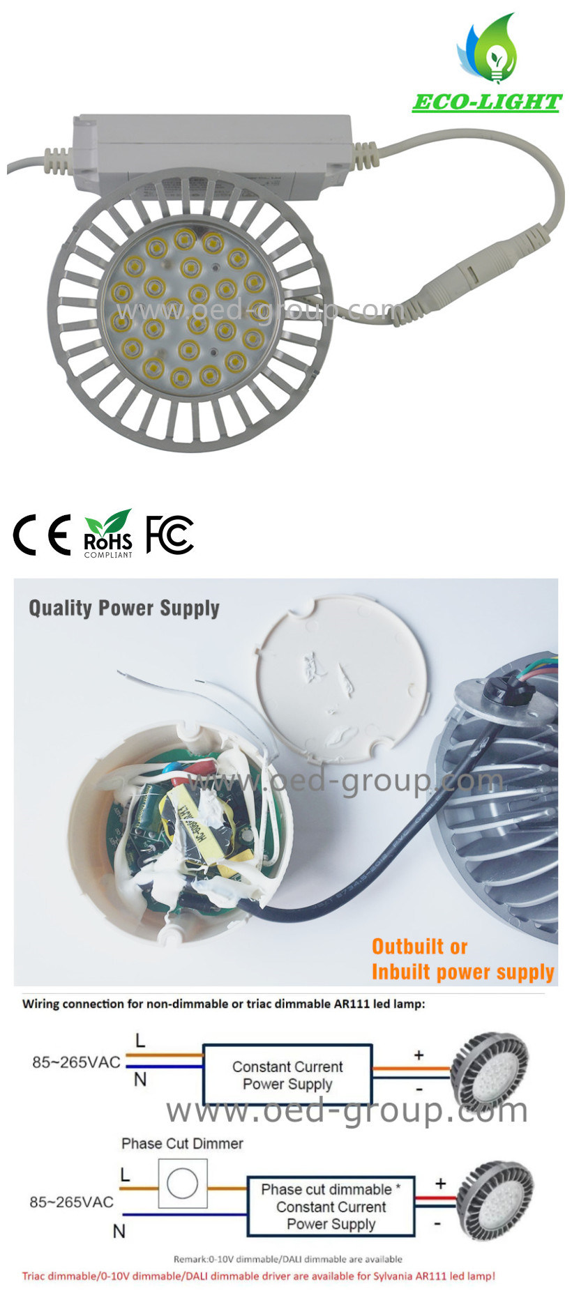 No Cooling Fan 25W AR111 LED Light with 100-277VAC and Osram S5 LEDs CRI 82