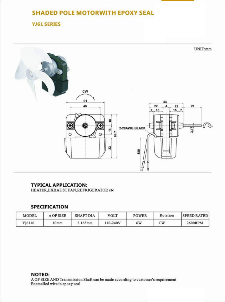 Fridge Electrical Yjf18 Series Single Phase Refrigerator Shaded Pole Motor