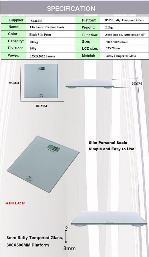 200kg Slim Design 8mm Glass Electronic Body Health Scale