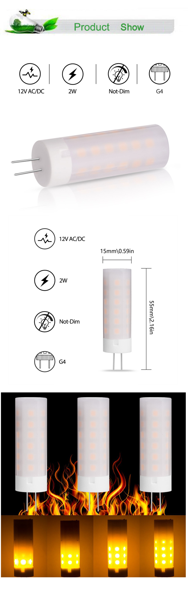 Natural Fair Color LED Light Bulb 3-Mode Flicking 2W G4 LED Flame Bulb