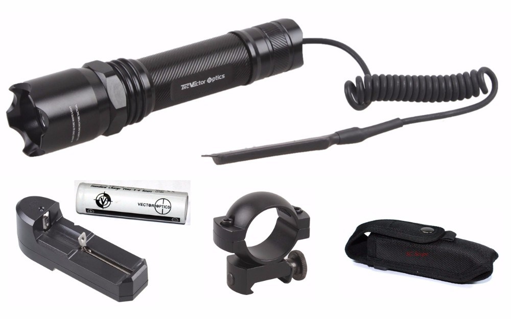 Vector Optics LED Rechargeable Flashlight Torch CREE Q2 & 180 Lumens with Mount, Charger & Wire Cable Switch