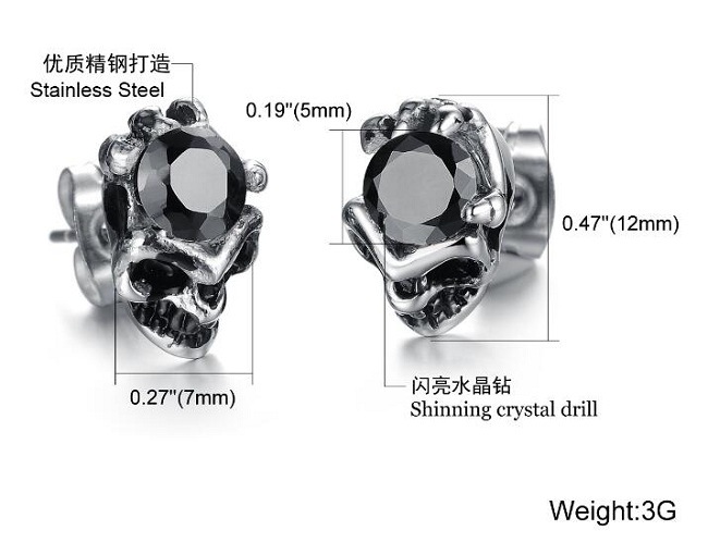 New Fashion European and American Big Skull Earrings Luxury White/Black Austria Crystal Titanium Steel Brinco Wholesale