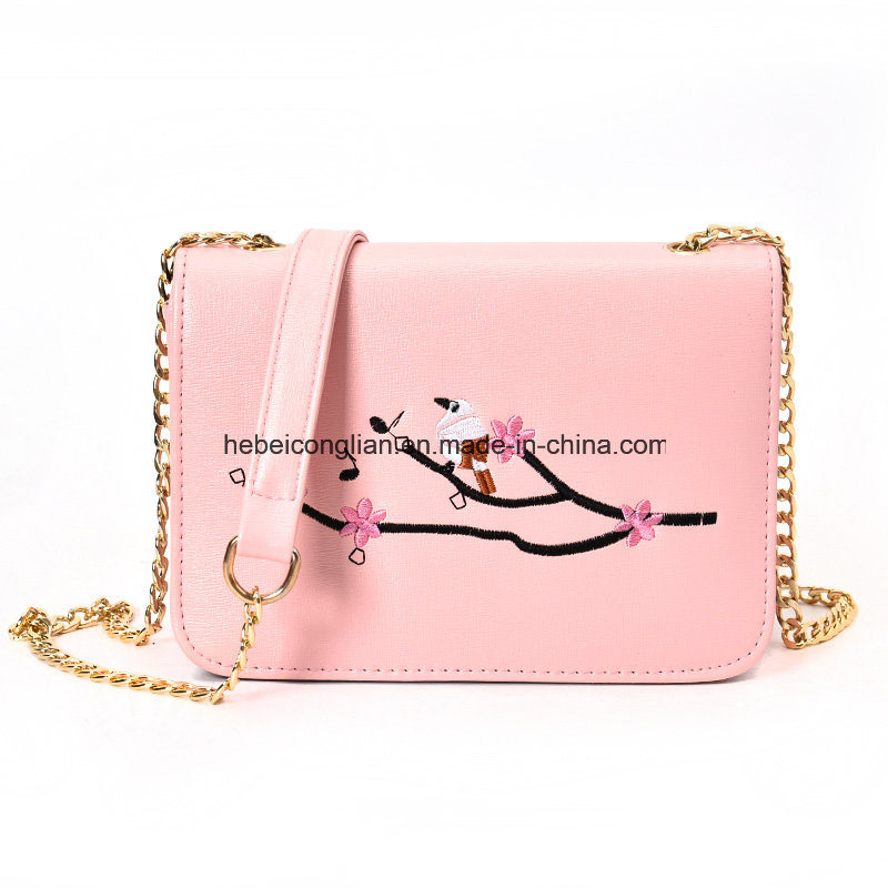 Factory Trendy Embroidery Shoulder Crossbody Pink Leather Women Sling Bag