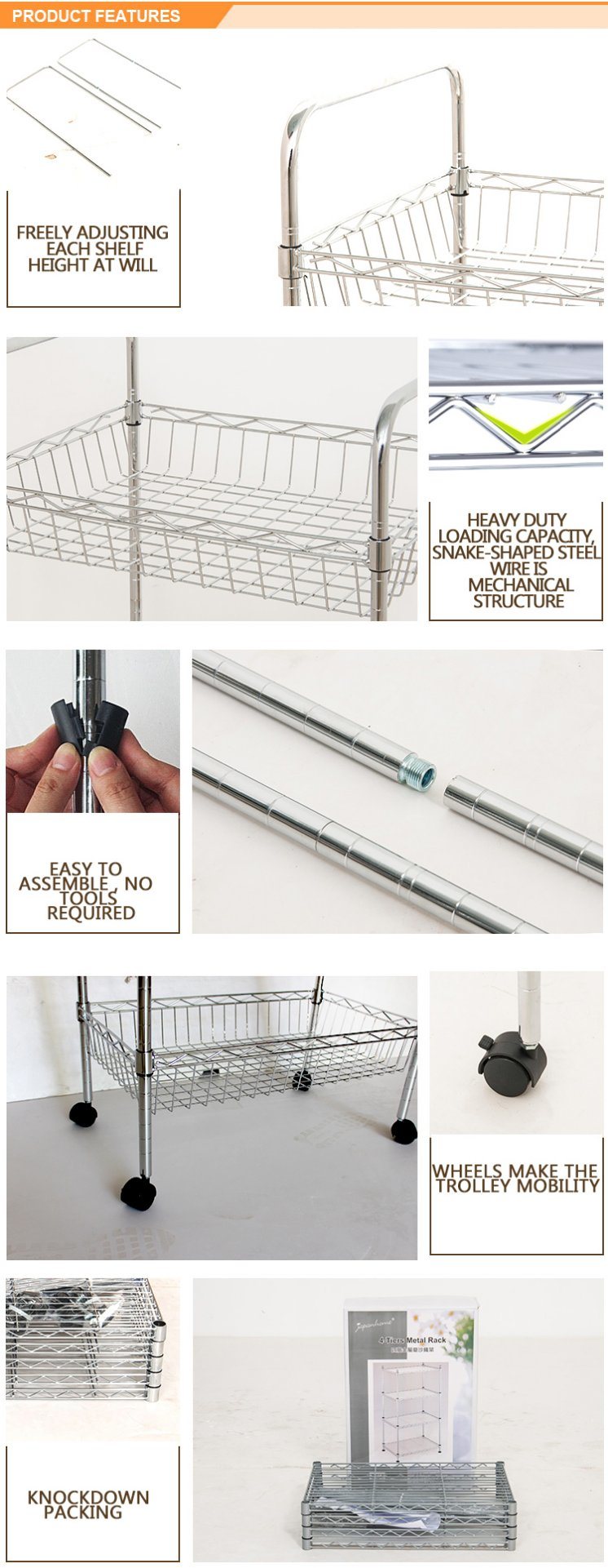 DIY 3 Tiers Metal Mini Kitchen Shelf Trolley with Basket