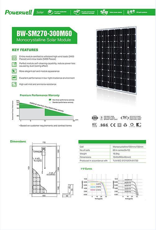 300W Highest Efficiency Mono Photovoltaic PV Solar Panels