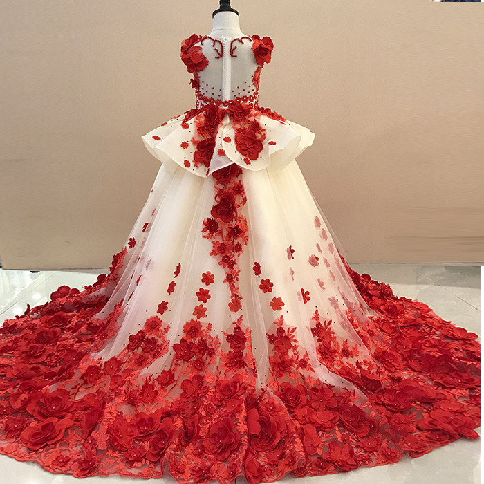 Red Champagne Lace Girls Ball Gown Flora Beads Flower Girl Dresses B1518