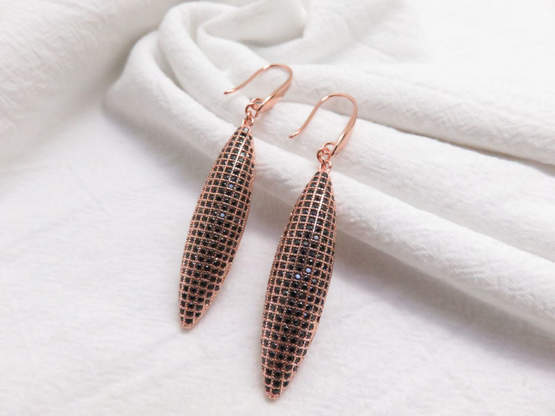 Black Diamond Women Long Earrings in Copper with Real Rose Gold Plated