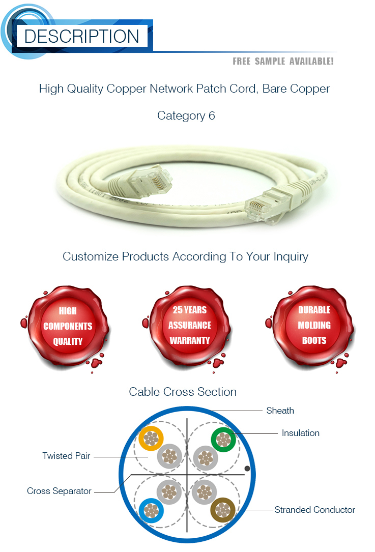 Ce FCC RoHS Cat5e CAT6 Copper Network Patch Cable