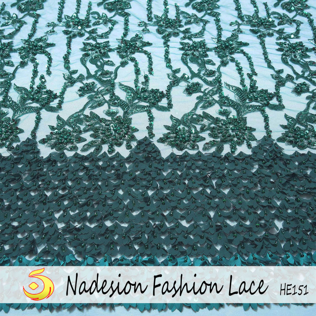 Hot Selling Green 3D Flower Beaded Lace Embroidered/Stoffe Textil Fabric 3D Flower Lace