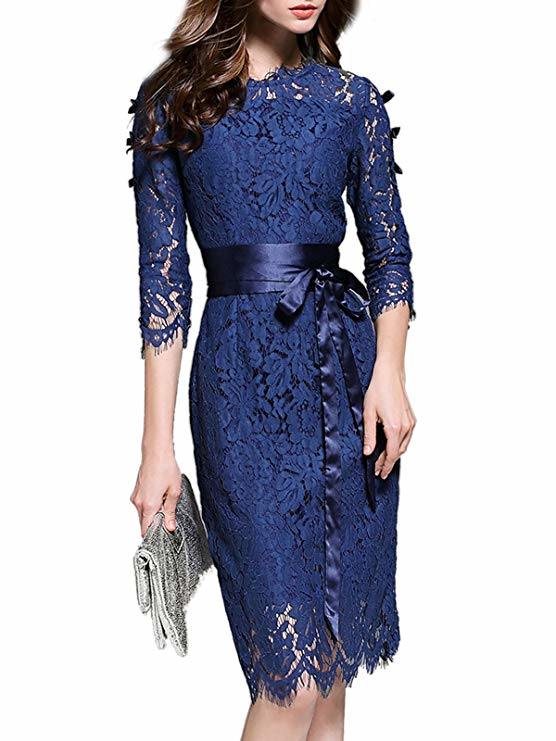 Women's Floral Lace Pierced Slim Bodycon Party Cocktail MIDI Pencil Dress