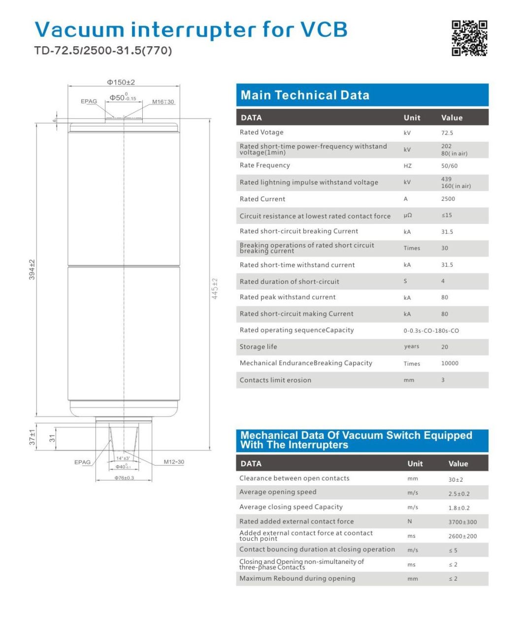 Vacuum Interrupter for Vcb Td-72.5/2500-31.5 (770)