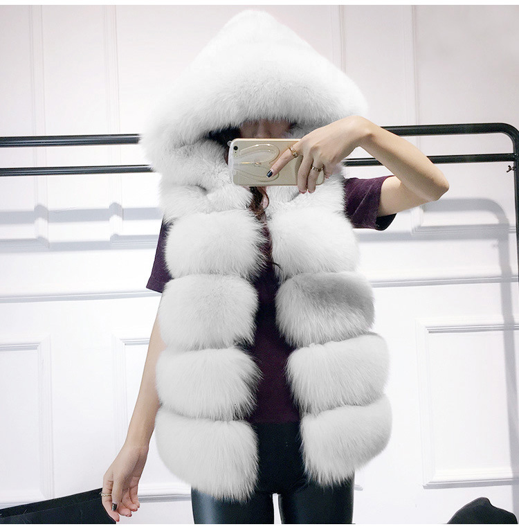 2018 Autumn Winter Fashion Faux Fur Hooded Vest Women Sleeveless Jacket Female Fake Fox Fur Sleeveless Winter Coat Casual Casaco