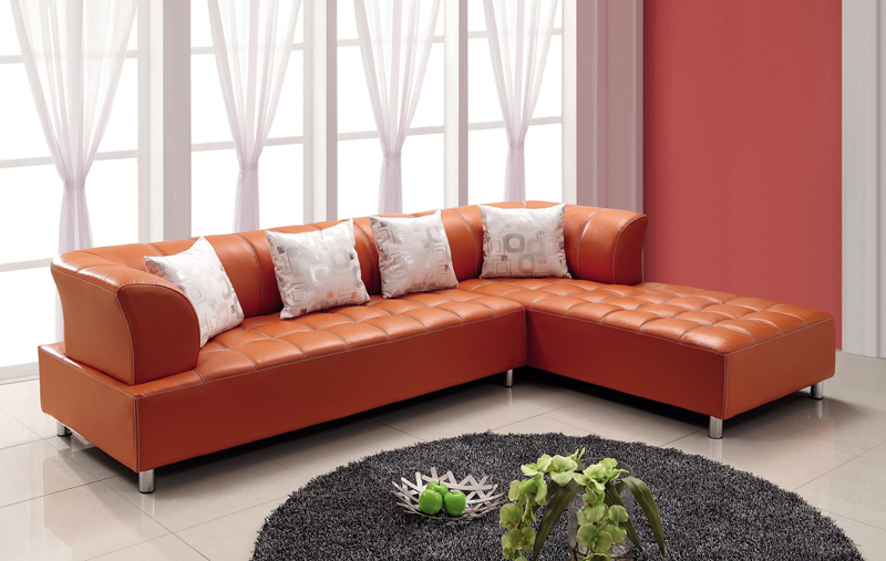 Modern Living Room L Shape Sectional Orange Leather Sofa