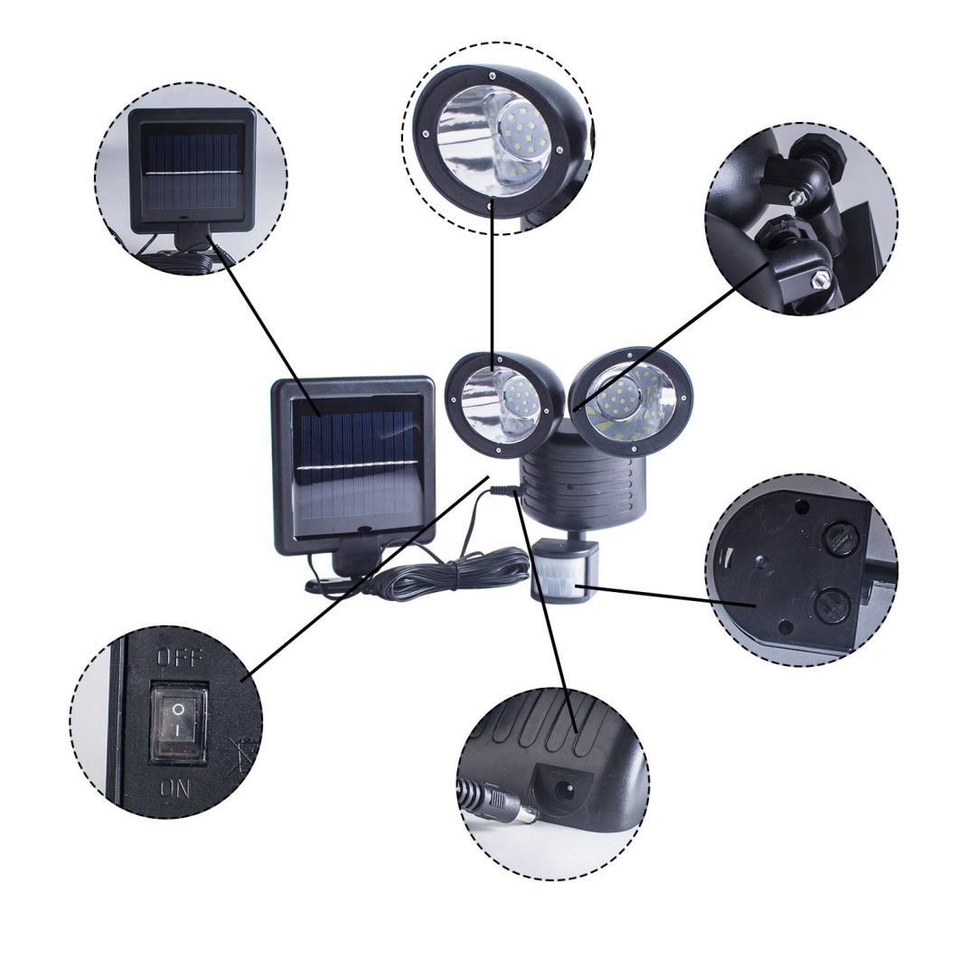 Adjustable Super Bright Dual Head Solar Motion Sensor 22 LED Waterproof Outdoor Lamp