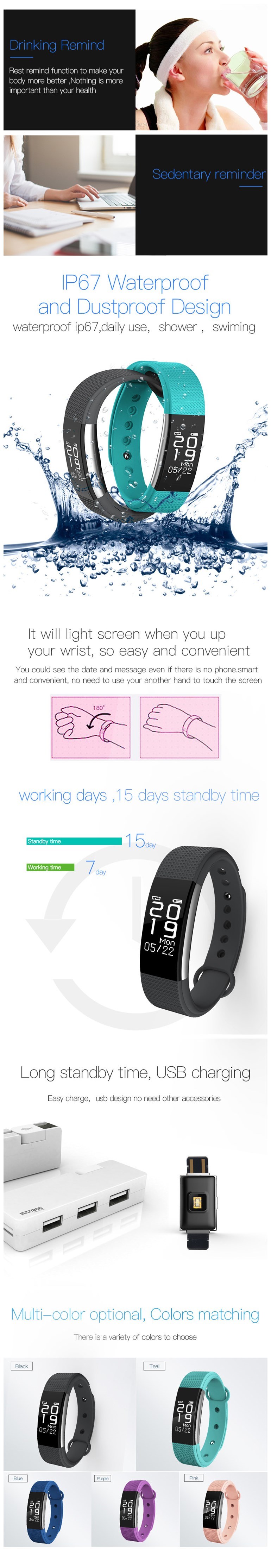 Sport Pedometer Blood Pressure Oxygen Monitor Fitness Tracker Smart OLED Display Bracelet