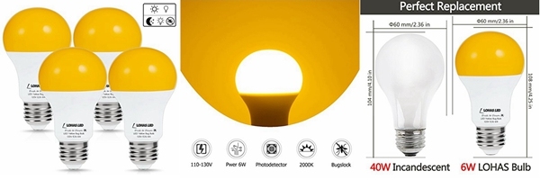 6W A19 500lm Yellow Bulb Light Sensor Auto on/off LED Lamp