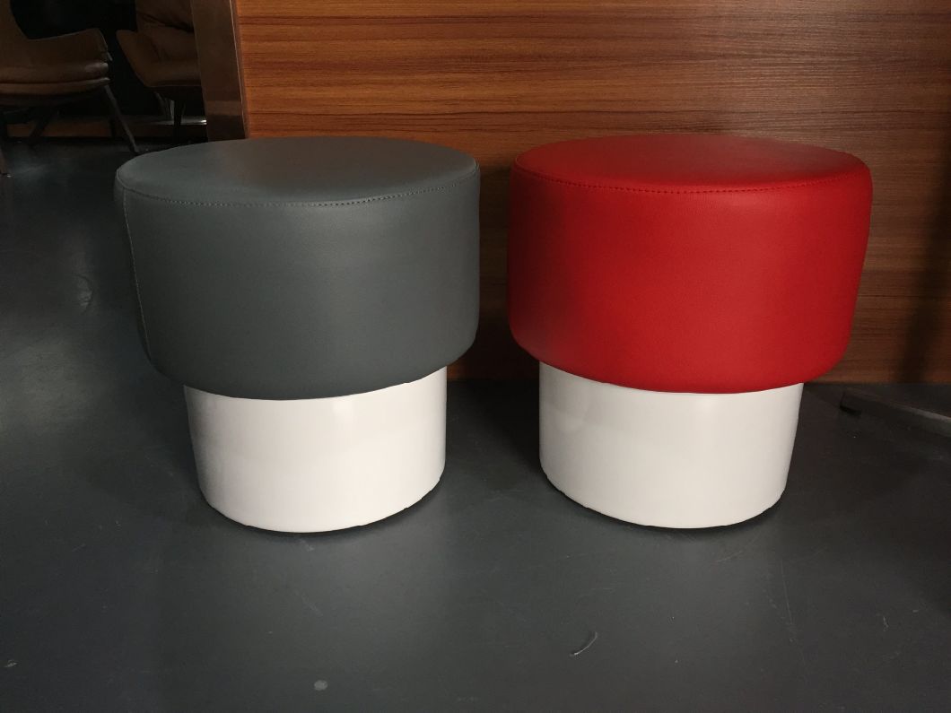 Leather Upholstery Round Pouf Stool with Fiberglass Base