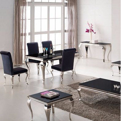 Modern Black Gloss Glass Stainless Steel Dining Table Set with Chair