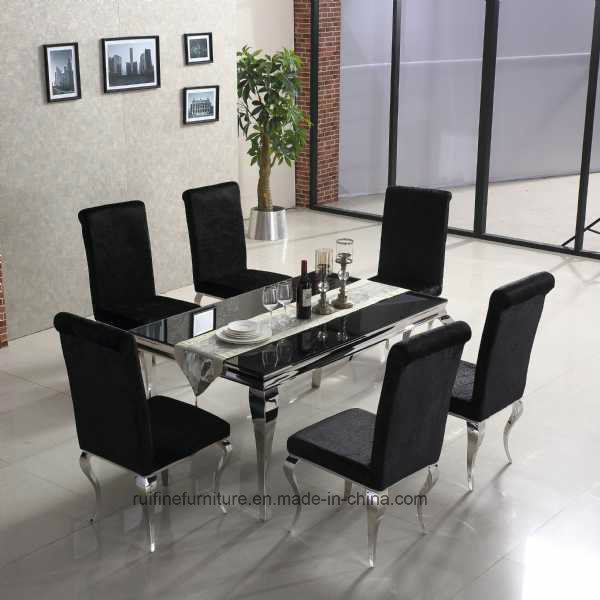 Modern French Style Dining Room White Mirrored Chrome Silver Louis Glass Dining Table Stainless Steel and Velvet Fabric Dining Chairs