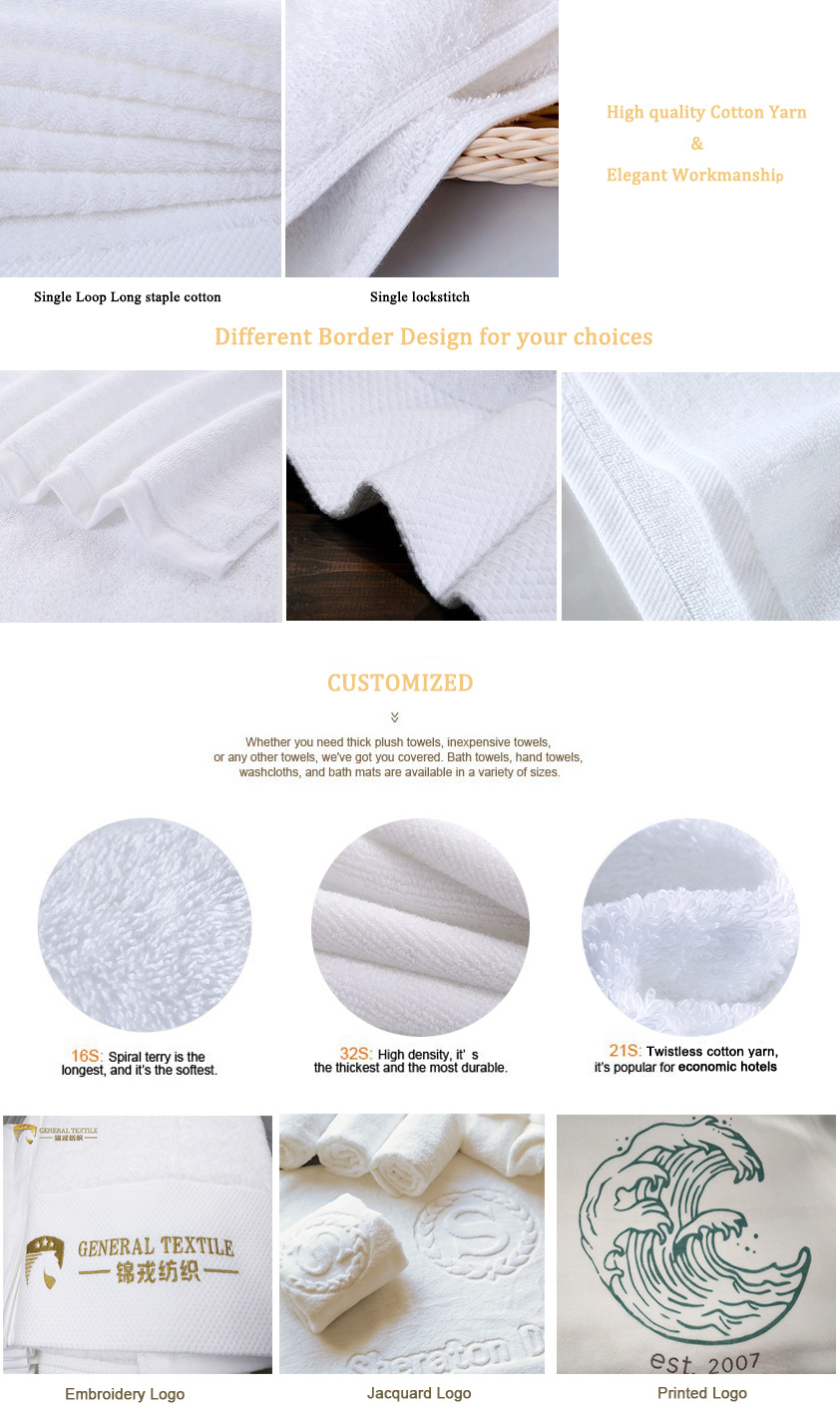 100% Cotton Plain White 5 Star Hotel Custom Bath Towels (JRAC045)