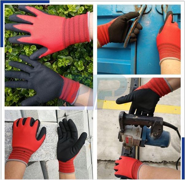 Thin 13G Red Polyester/Nylon Black Nitrile Safety Protection Gloves