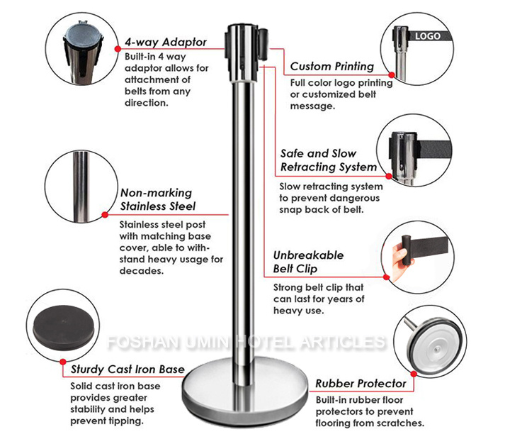 Metal Queue Manager Stanchion Poles with Movable Head