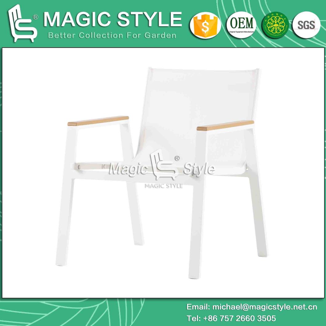 White Color Textile Outdoor Chair with Poly Wood Garden Sling Chaise Chair Hotel Poly Wood Tea Table Stackable Leisure Sofa