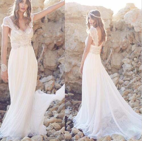 Cap Sleeves Empire Bridal Gown Pearls Boho Beach Wedding Dresses Mg157