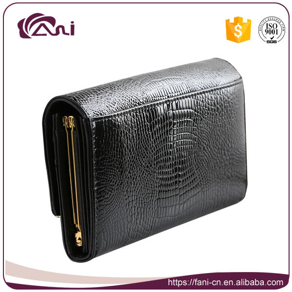 Black Crocodile Grain Metal Frame Clutch Wallet, Woman Genuine Leather Wallet High Quality