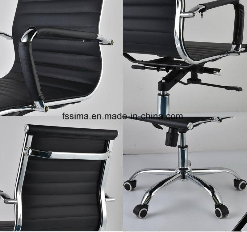 Black Vinyl PU Leather Ribbed High MID Back Swivel Office Chair