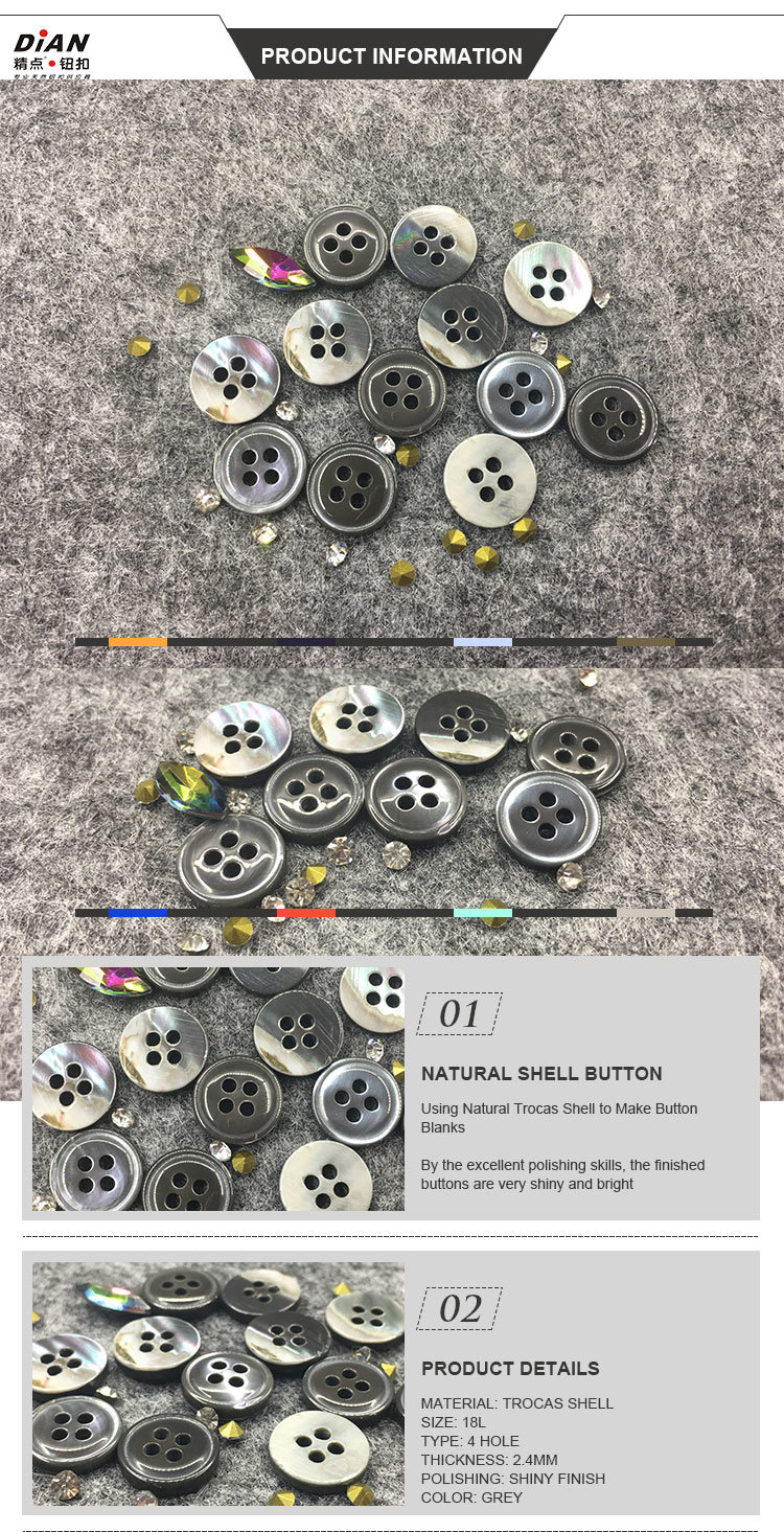 4 Holes Grey Button Natural Trocas Shell Shirt Button Custom 11mm Pearl Button Wholesale