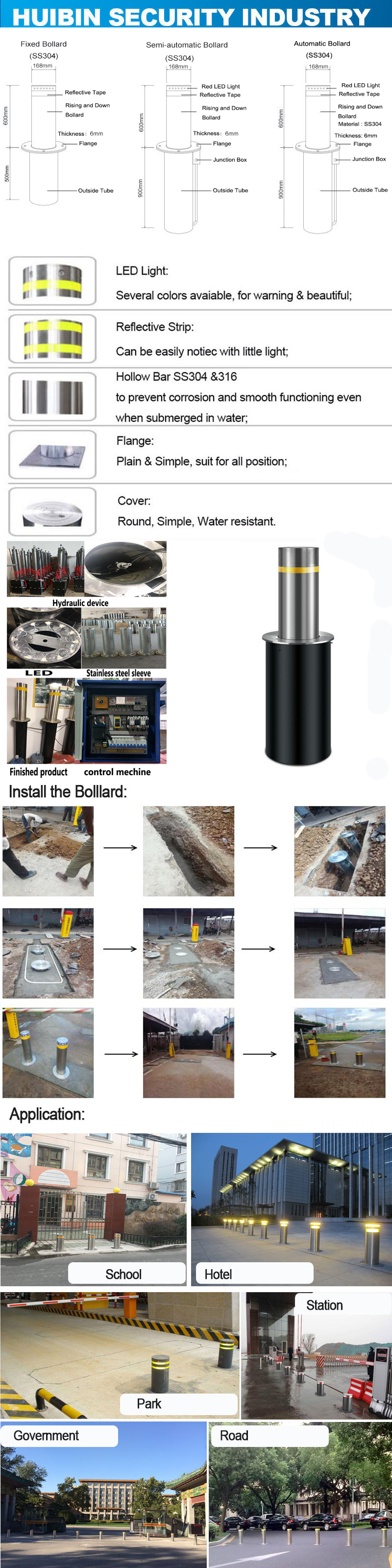 Road Safety Equipment Hydraulic Lifting Bollards for Reflective Tape