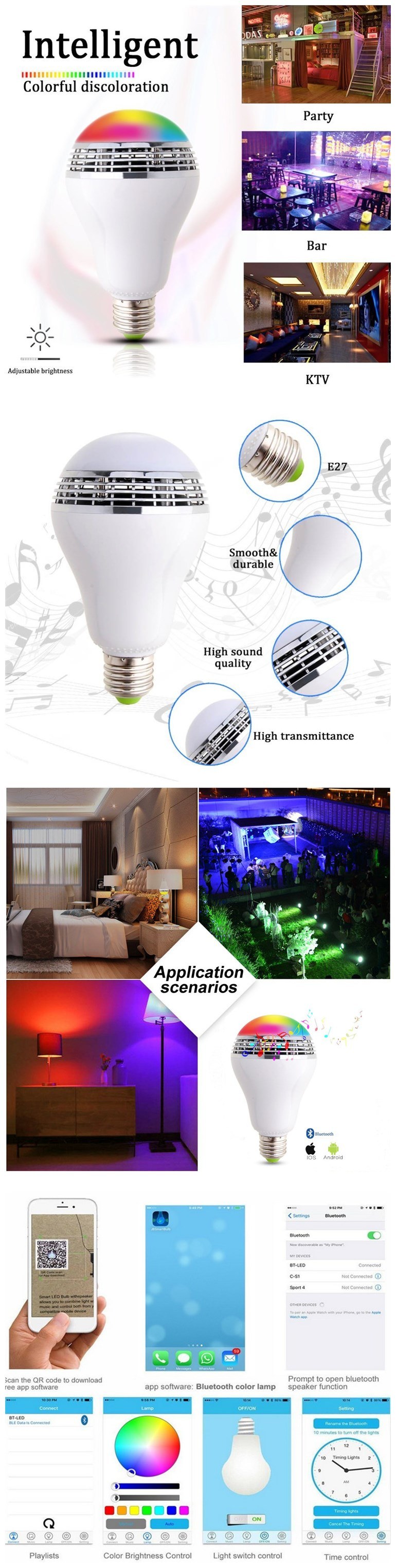 Smart Home Wireless Lamp Speaker RGB LED Light Bluetooth Bulb