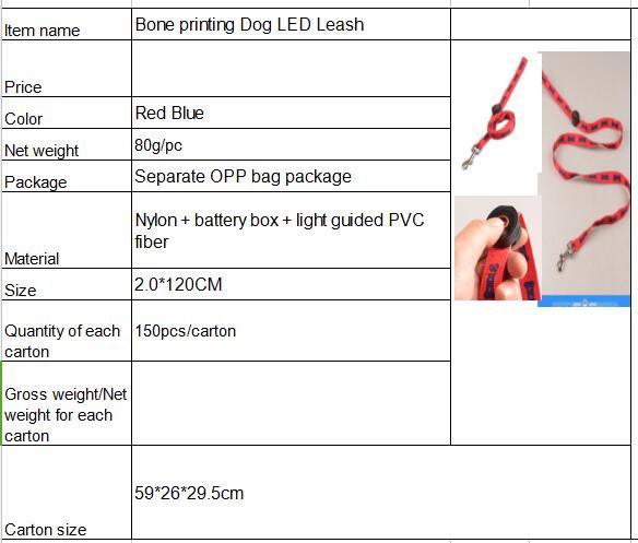120 Cm Nylon Dog Leash Traction Bone Footprints Printed LED Dog Rope