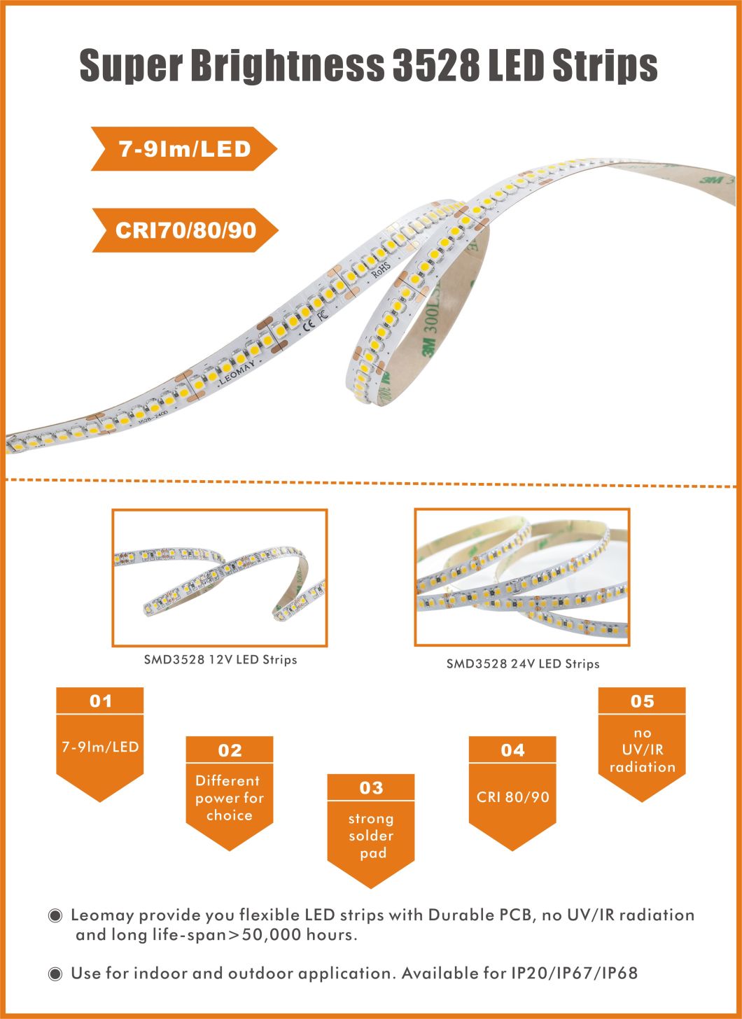 IP20 Super Brightness Dimmable SMD3528 LED Strip 80-90LM/W Decorate Light