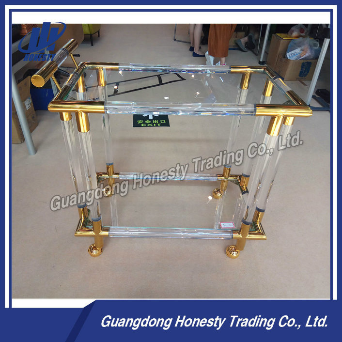 Ycc-001 Acrylic Golden Stainless Steel Dining Serving Table with Wheel