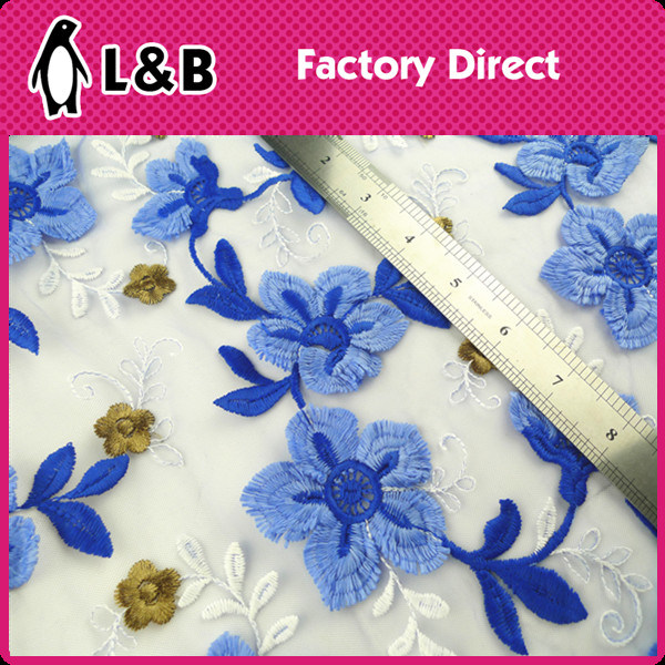 Blue Flower Embroidered Stone Lace Fabric