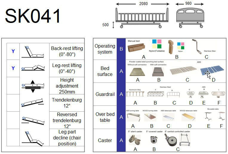 Powder Coated Hospital Medical Clinic Sick Care Bed with Backrest