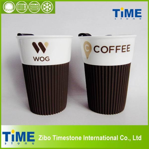 Ceramic Mug with Rubber Lid and Silicone Band, Coffee Mug Without Handle (082705)