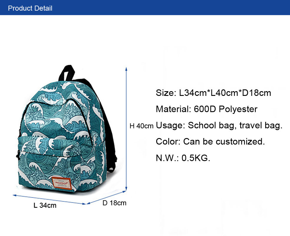 Fashion 600d Polyester Digital Printing School Bag Travel Backpack