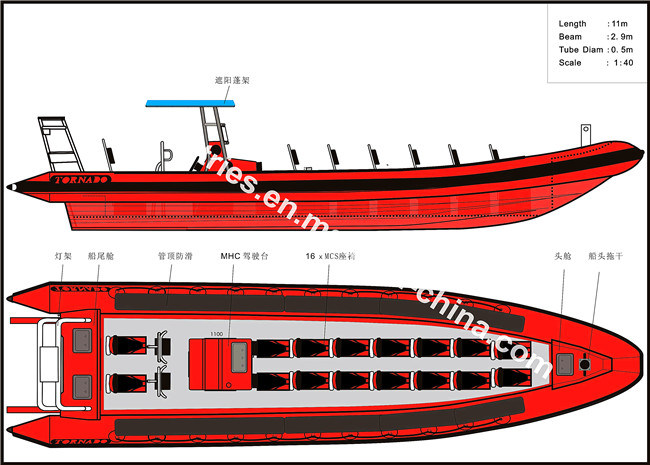 11m Fast Speed Fishing Hypalon/FRP Rib Inflatable Boats China