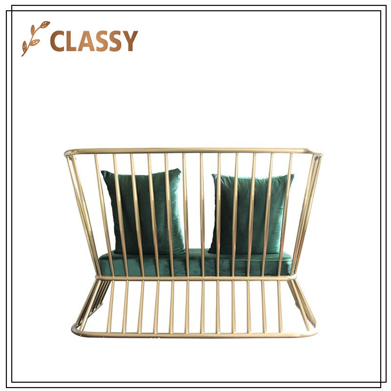 Green Flannel Rectangle Veins Golden Stainless Steel Frame Sofa