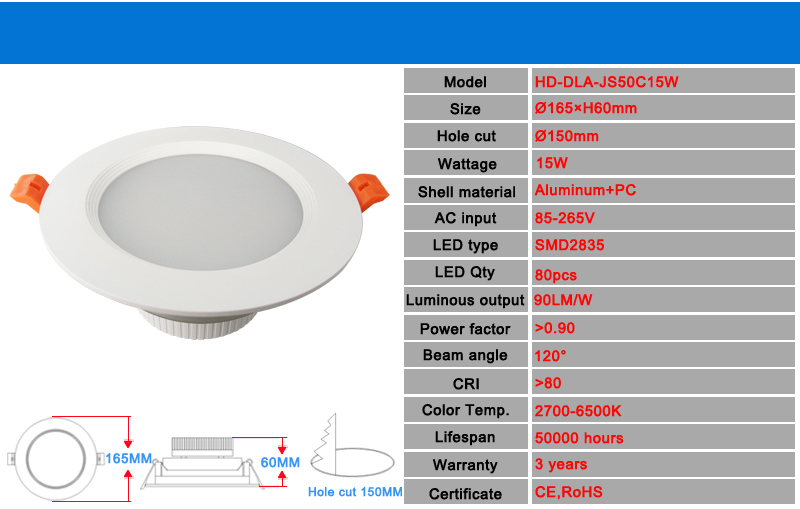5 Inch 15W Dimmable Retrofit Recessed Lighting Fixture with Driver 6000K Cool White 1500lm LED Down Light for Shopping Mall