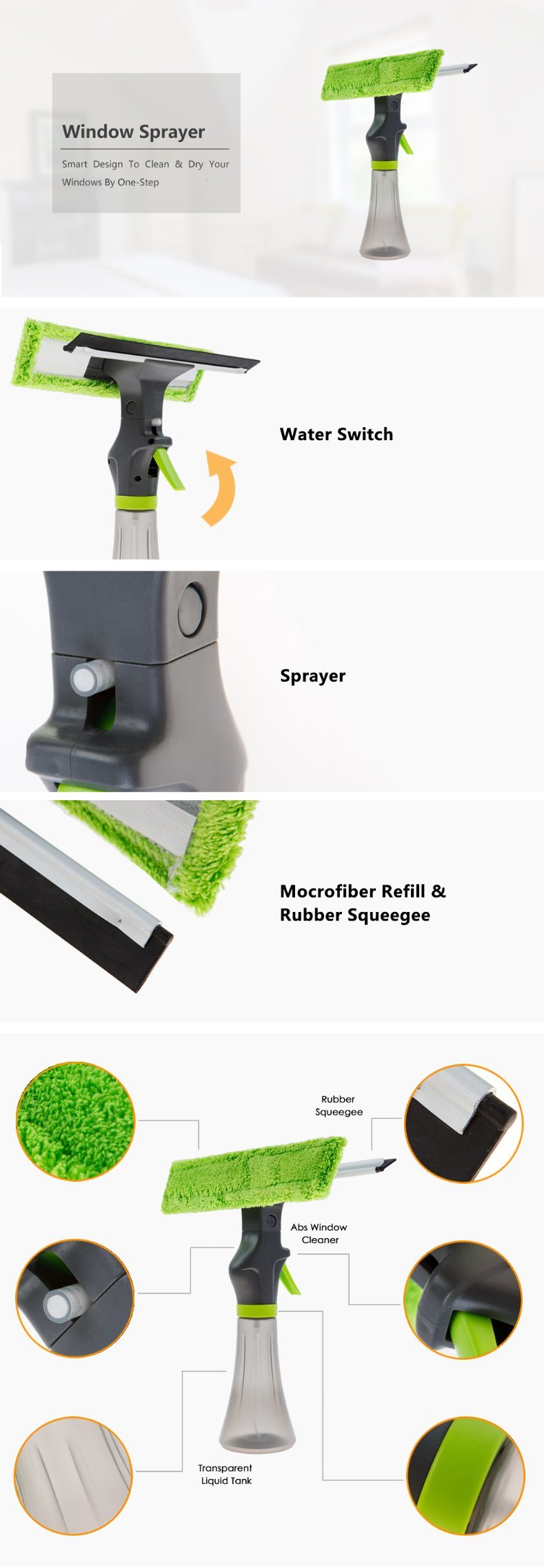 Window Sprayer Squeegee Cleaner, Microfiber/ Rubber/ ABS/Alu